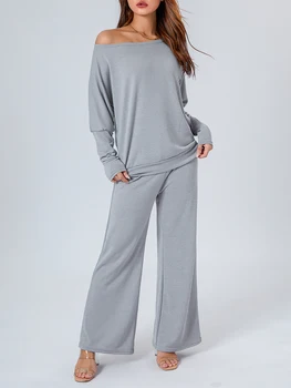 Женская трикотажная одежда из 2 предметов, подходящие комплекты для отдыха, топы с пуловерами с длинными рукавами, комплект широких брюк, осенние повседневные комплекты свитеров
