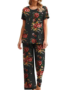 Женский пижамный комплект с коротким рукавом и эластичными брюками-капри с цветочным принтом - удобная одежда для отдыха, мягкая пижама и ночное белье