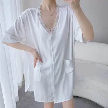 Белая Новая ночная рубашка, ночная рубашка с карманом, женская ночная рубашка, одежда для отдыха, Летняя ночная рубашка, нижнее белье, Женская атласная домашняя одежда, наряды