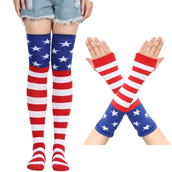 Женские Полосатые чулки до бедра, перчатки с рукавами-рукавицами, комплект с американским флагом США, женские черно-белые длинные носки выше колена для девочек