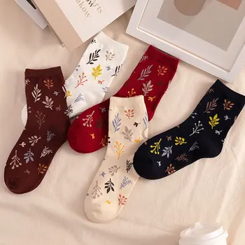 Женские хлопчатобумажные носки Leaf в японском стиле, женские носки в стиле ретро Harajuku, Винтажная уличная одежда, Женские Длинные носки