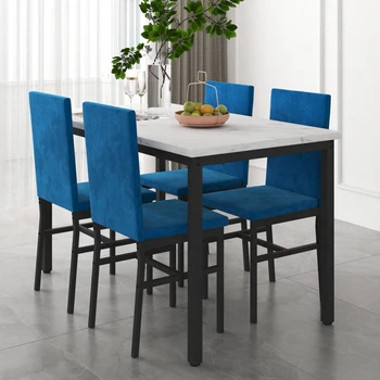 Современный обеденный стол из 5 предметов, столешница из 5 предметов из искусственного мрамора и 4 прочных синих бархатных стула для кухни, гостиной