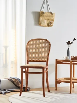 Мебель для обеденного стула в стиле ретро, домашний ресторан, кофейня для отдыха, обеденный стул средней древности, Скандинавский массив дерева, Большая спинка из ротанга