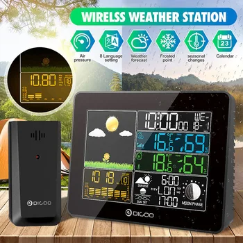 Метеостанция DIGOO DG-TH8868 с ЖК-дисплеем, внутренний и наружный термометр, будильник с функцией повтора влажности, Календарь восхода и захода солнца, Прогноз