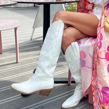 Белые Ковбойские сапоги IPPEUM Для женщин Высотой до колена на массивном каблуке Road Cowgirl Western Country Texana botas femininas tendencia 2023