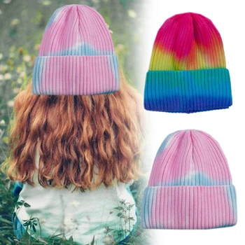 Женская вязаная шапочка-утеплитель для ушей, шапка с градиентным цветовым дизайном для подростков