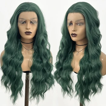 Синтетический кружевной парик AIMEYA, длинные темно-волнистые зеленовато-коричневые Имбирные кружевные парики спереди для чернокожих женщин, парики для косплея из термостойкого волокна