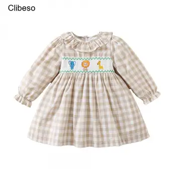 2023 Clibeso Осеннее платье в клетку для маленьких девочек, детские платья с вышивкой ручной работы, детские хлопчатобумажные платья в винтажном стиле