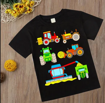 Забавная футболка с мультяшным автомобилем и трактором, детская одежда с принтом большого размера, летняя рубашка с круглым воротником для мальчиков, модная уличная одежда для девочек