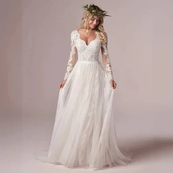Изысканное кружевное свадебное платье цвета слоновой кости Элегантное свадебное платье с V-образным вырезом и длинными рукавами для идеальной свадьбы