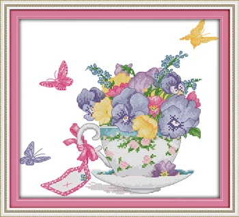 Joy Sunday, предварительно напечатанный набор для вышивания крестиком, простой узор, набор для вышивания из тисненой ткани Aida-Бабочка-орхидея в чашке