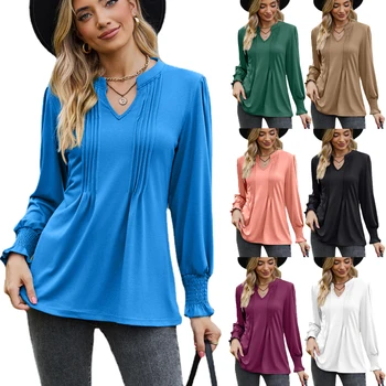 Женские футболки в сплошную вертикальную полоску, топы с длинным рукавом и V-образным вырезом, осенние повседневные свободные пуловеры, модные плиссированные блузки