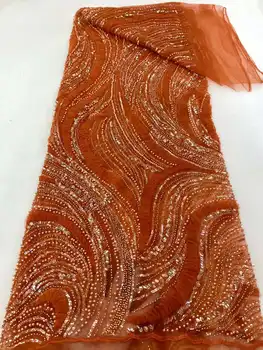 Оранжевый Цвет 21-70403 Самая продаваемая французская тяжелая кружевная ткань с блестками, бисером, африканский материал для свадебного платья или вечеринки