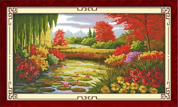 Набор для вышивания крестиком Joy Sunday с предварительной печатью Easy Pattern Aida-Осенняя сцена в пруду с лотосами