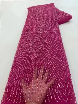 Кружевная ткань с пайетками в нигерийском стиле 2023, Высококачественная Розовая Африканская тюлевая ткань с вышивкой Для шитья свадебных платьев, сетка Из бисера, кружево